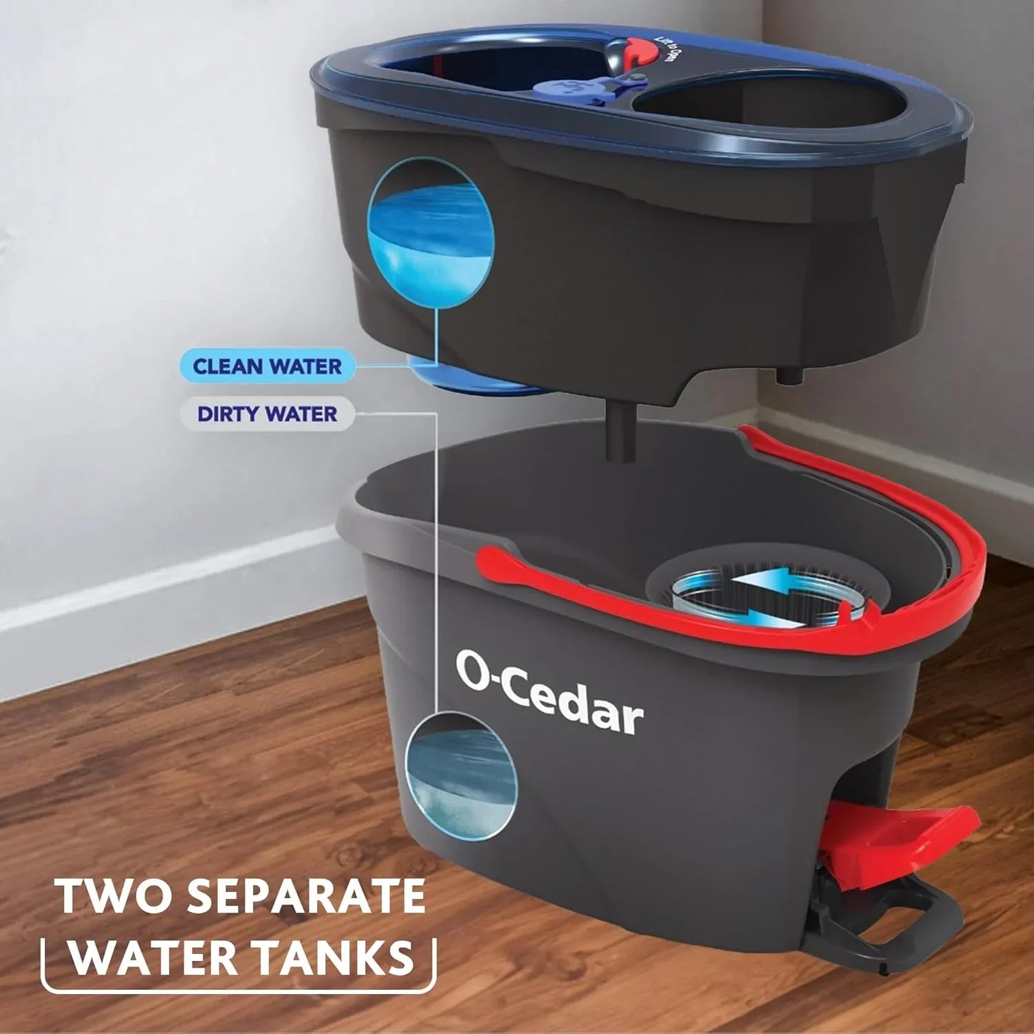 O-Cedar RinseClean Spin Mop & Bucket System + 2 Extra Mop Heads | Clean with Water | Removes 99% of Bacteria