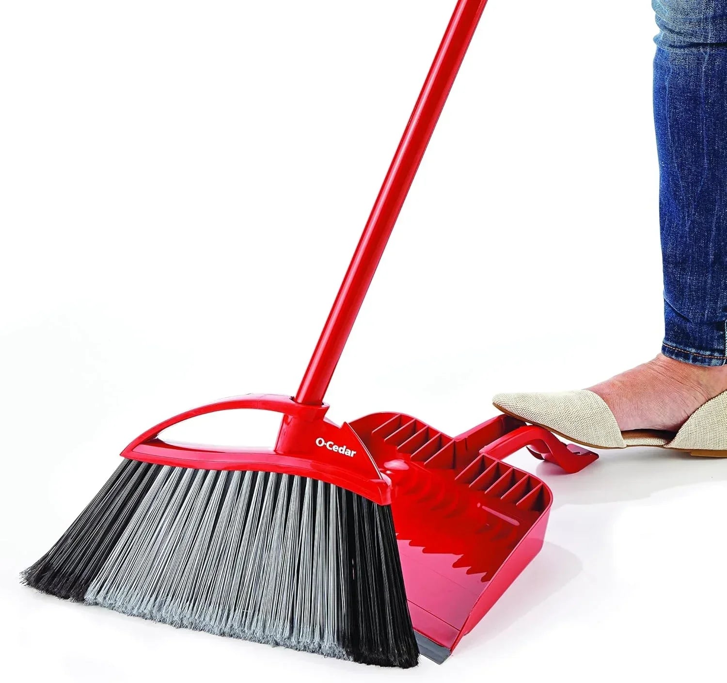 O-Cedar Scrunge Multi-Use (Pack of 6) Non-Scratch, Odor-Resistant All-Purpose Scrubbing Sponge & Pet Pro Broom & Step-On Dustpan PowerCorner, Red