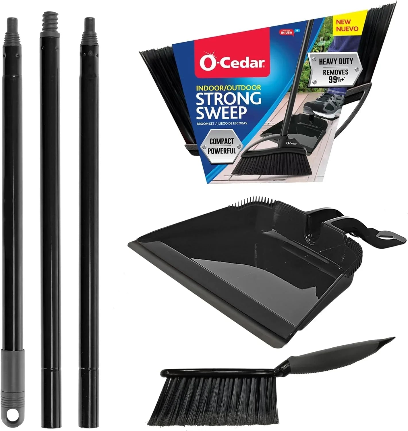 O-Cedar Strong Sweep Broom and Dustpan Set with Detail Brush | Indoor Outdoor Heavy Duty Stiff Bristle Broom | Step-On Dust Pan