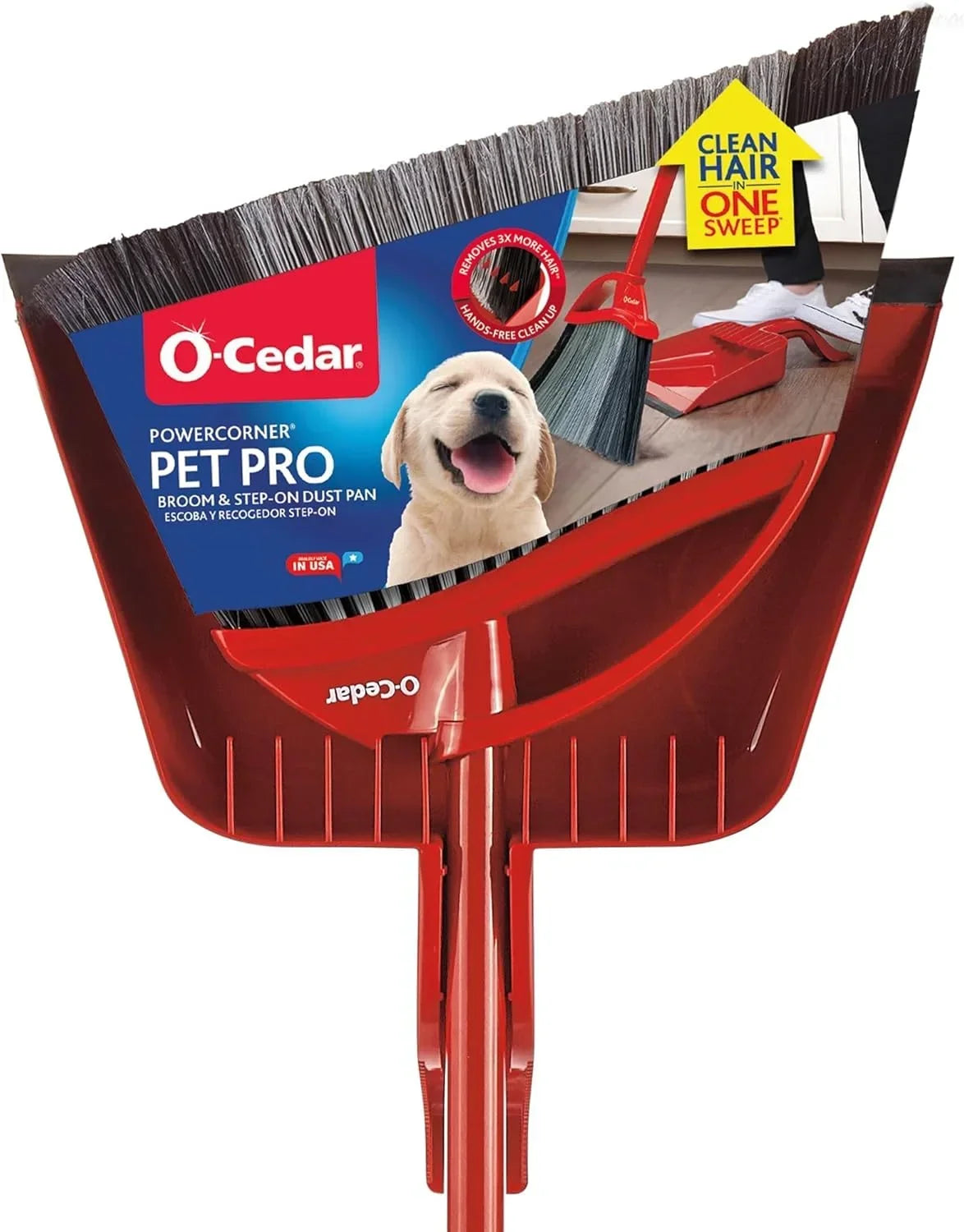 O-Cedar Scrunge Multi-Use (Pack of 6) Non-Scratch, Odor-Resistant All-Purpose Scrubbing Sponge & Pet Pro Broom & Step-On Dustpan PowerCorner, Red