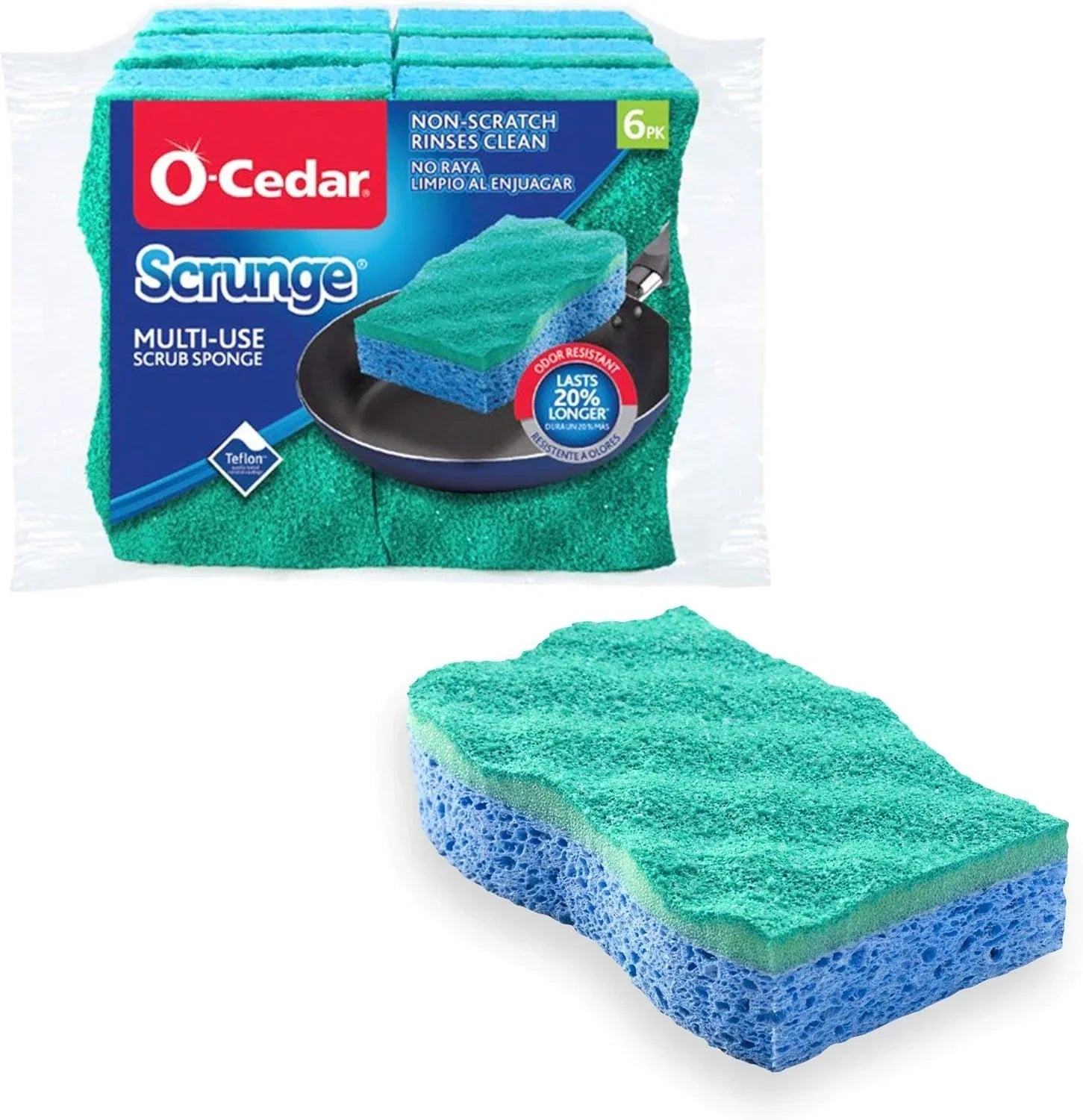O-Cedar Scrunge Multi-Use (Pack of 6) Non-Scratch, Odor-Resistant All-Purpose Scrubbing Sponge & Pet Pro Broom & Step-On Dustpan PowerCorner, Red
