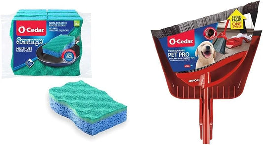 O-Cedar Scrunge Multi-Use (Pack of 6) Non-Scratch, Odor-Resistant All-Purpose Scrubbing Sponge & Pet Pro Broom & Step-On Dustpan PowerCorner, Red